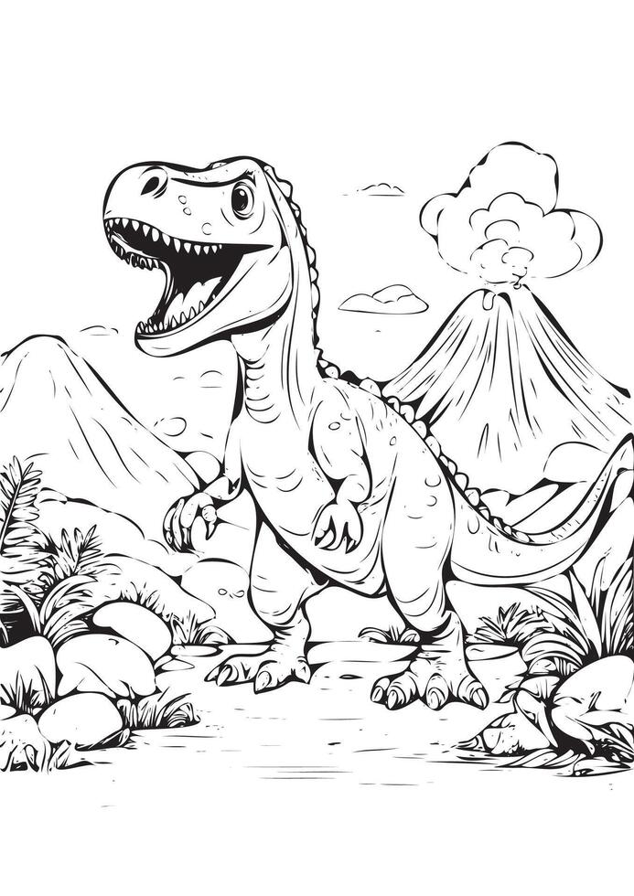 Cartoon Dinosaur Coloring Page - Prehistoric T-Rex Adventure vector