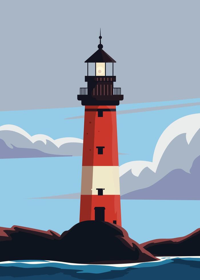 lighthouse poster design, lighthouse and sea background vintage illustration vector