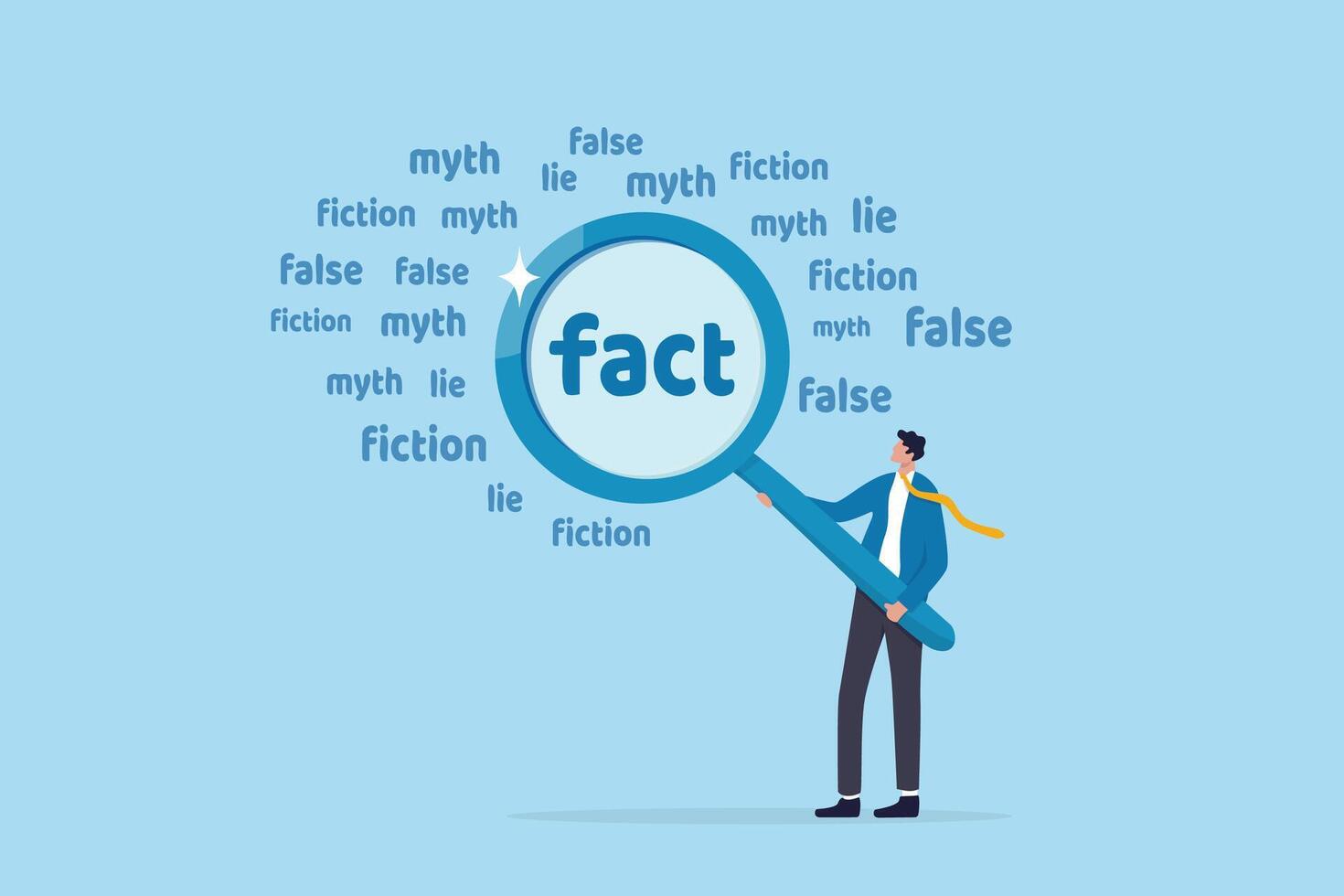 Fact checking, analyze truth, lie or dishonesty, proof information, decision to identify fact, verification or validate data concept, businessman with magnifying glass analyze fact from false info. vector