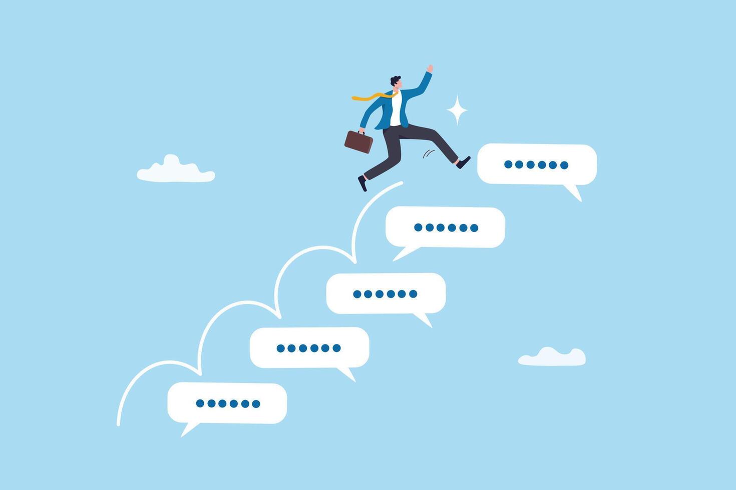 Advice, discussion talking, guidance, tips or suggestion for business success, help, wisdom, feedback to help develop improvement concept, businessman walk up speech bubble as stair to reach success. vector