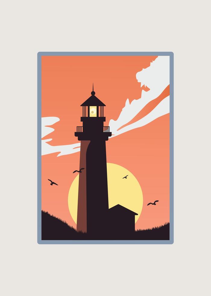 lighthouse and sunset view poster, vintage illustration background design vector