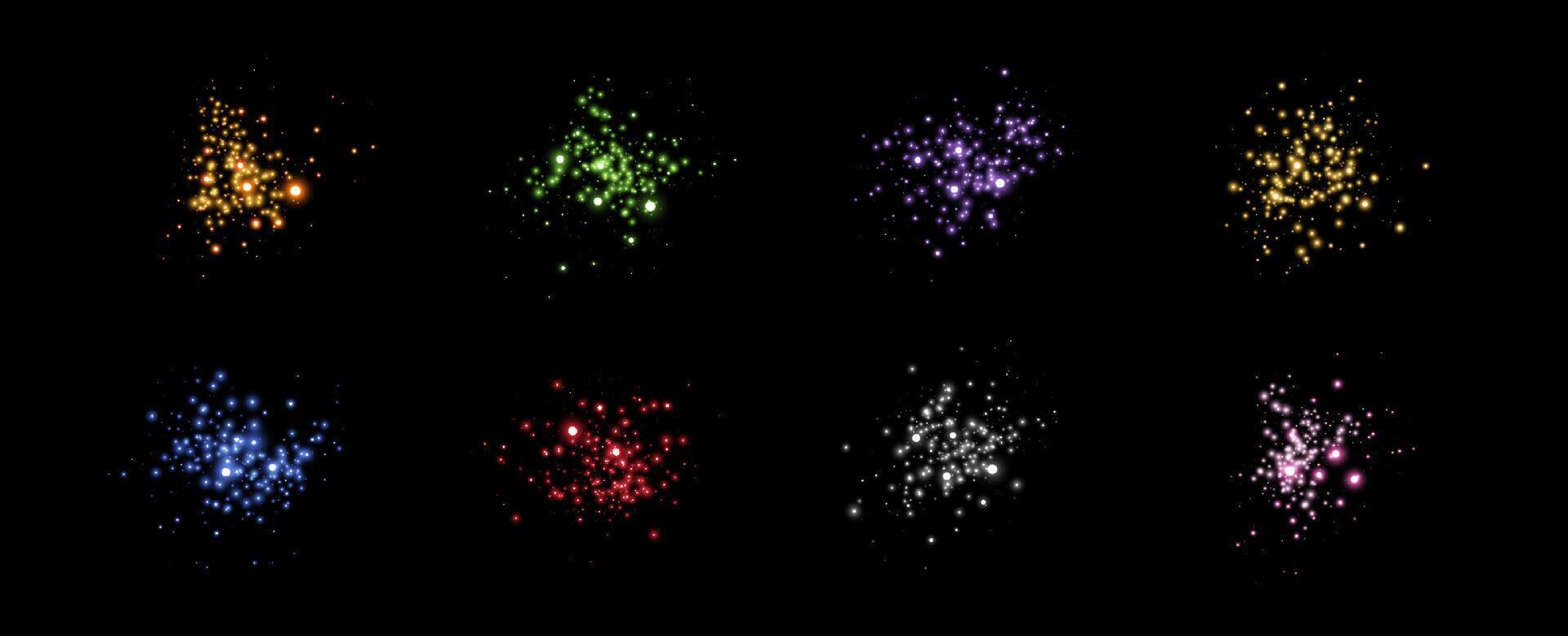 Glowing magic sparkles. Glittering dots, particles and stars. Glow flare light effect. Luminous points different colors. Particles on black background. vector