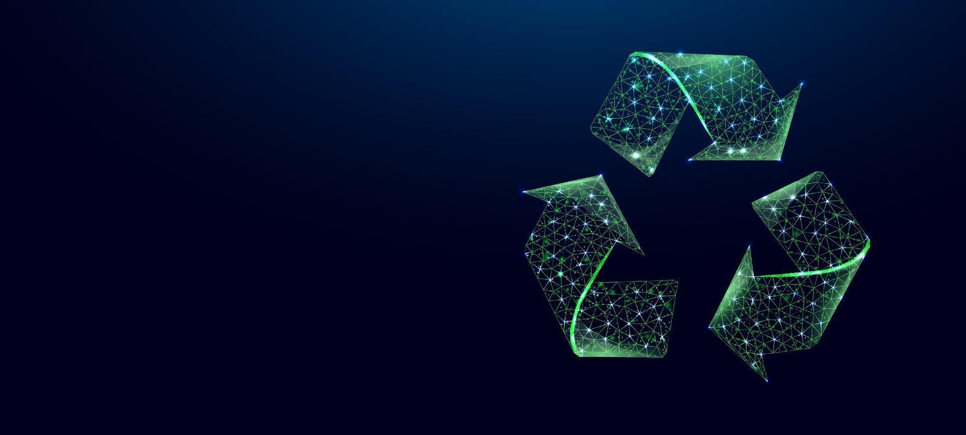 Recycling sign, glowing blue lowpoly wireframe on a dark background. Concept of Environment day. vector