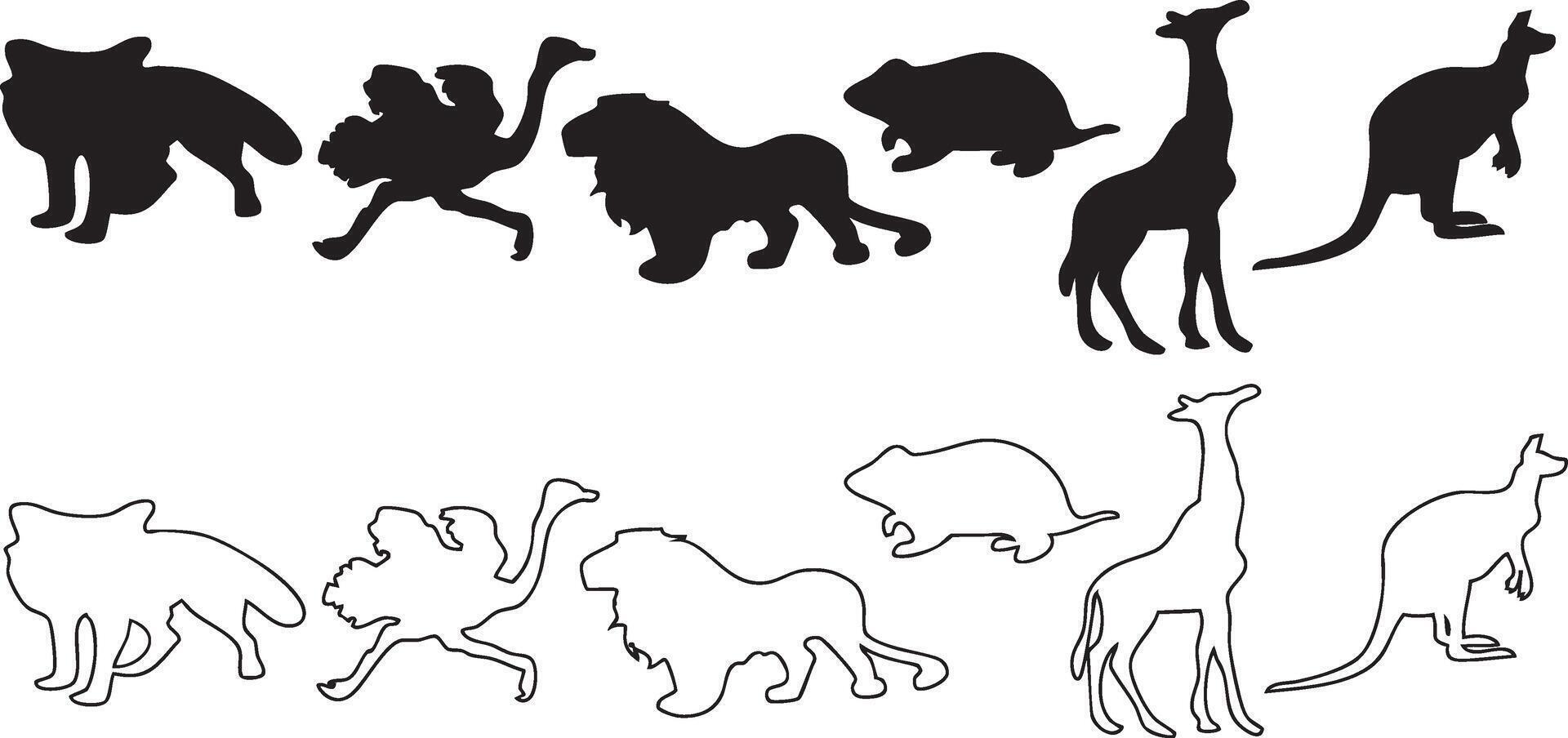 wild animals silhouettes set of animals, set of silhouettes of animals, fox, lion, mouse, vector