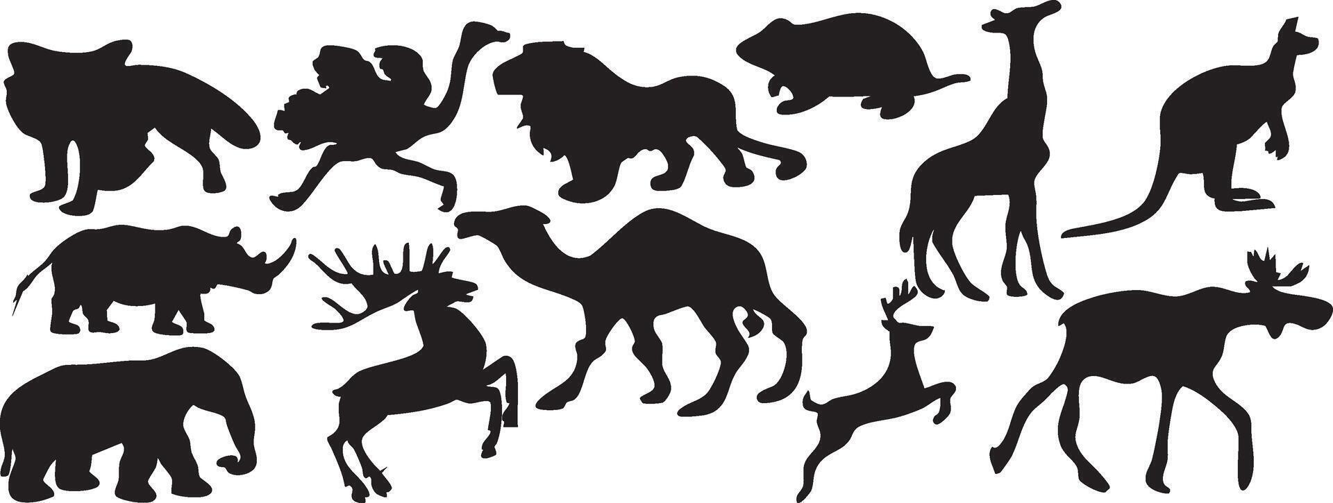 a variety of silhouettes of animals set of animals silhouettes, hand drawing pattern with animals Fox, ostrich, lion, mouse, giraffe, kangaroo, rhinoceros, elephant, deer, camel, vector