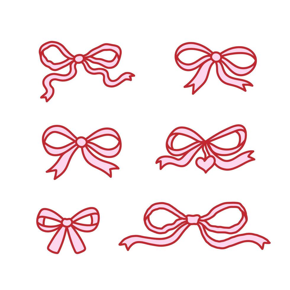 Set of elegant bow knots, gift bows. Collection of beautiful holiday decorative elements, festive present decor. Coquette pretty charming pink bows. Vintage hand drawn illustration vector