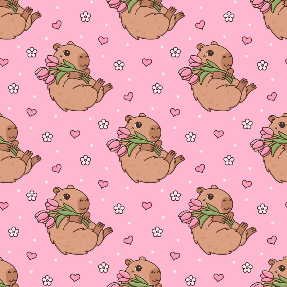 Seamless pattern with cute capybara and bouquet of tulip flowers, pink hearts, cute daisies. Funny cartoon rodent character in kawaii style. Spring illustration on pink background with animal vector