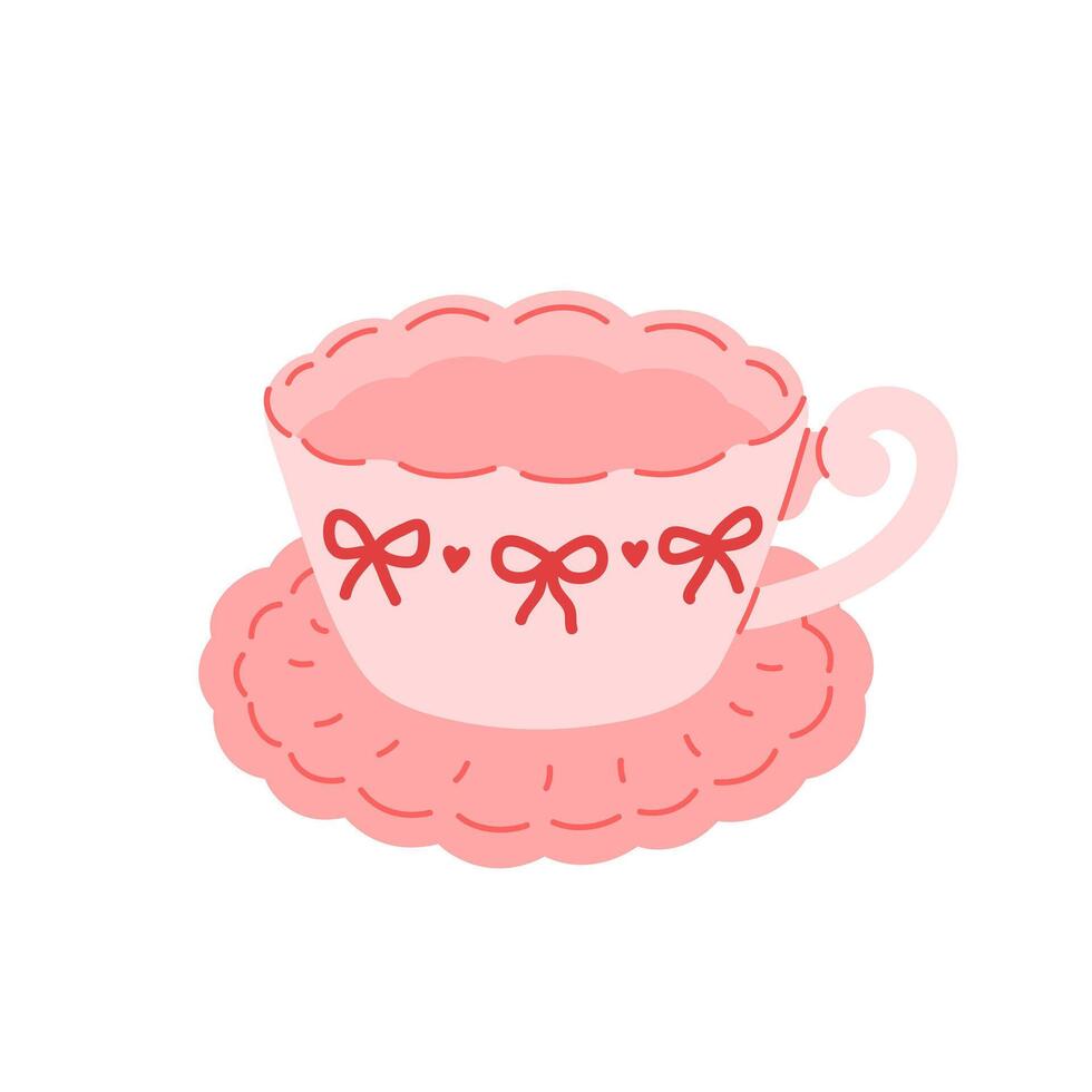 Elegant porcelain teacup. Coquette cup on saucer decorated with cute bows and hearts. Trendy classic teacup vector