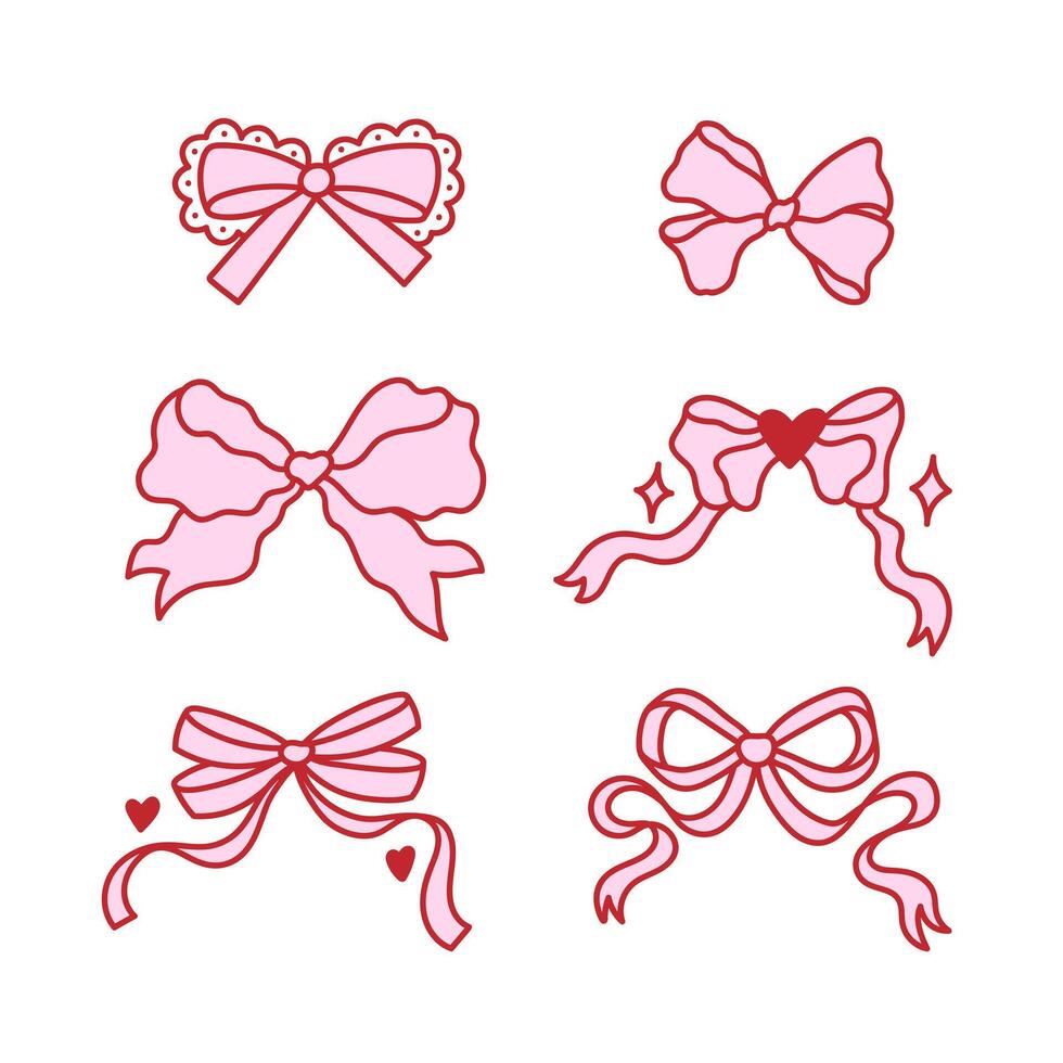 Set of elegant bow knots, gift bows. Collection of beautiful holiday decorative elements, festive present decor. Coquette pretty charming pink bow. Vintage hand drawn illustration vector