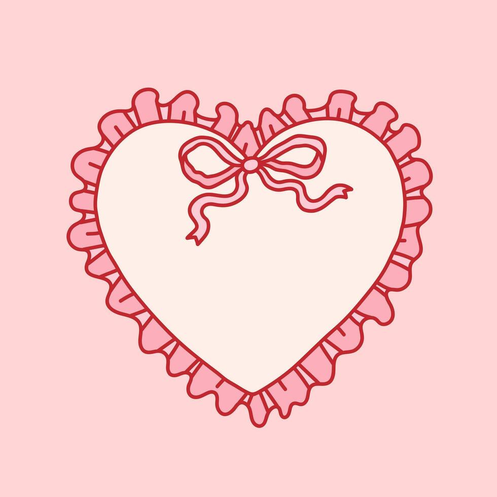 Coquette heart frame with pretty charming bow and lace. Holiday trendy border. Vintage background invitations, social media. Whimsical card design, for valentine day, birthday, wedding vector