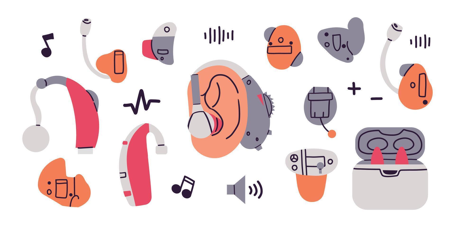 Hearing aid icons set cartoon with ear . illustration of hearing aid ear volume hand drawn doodle flat style isolate on white . Loud health medicine . World hearing day . vector