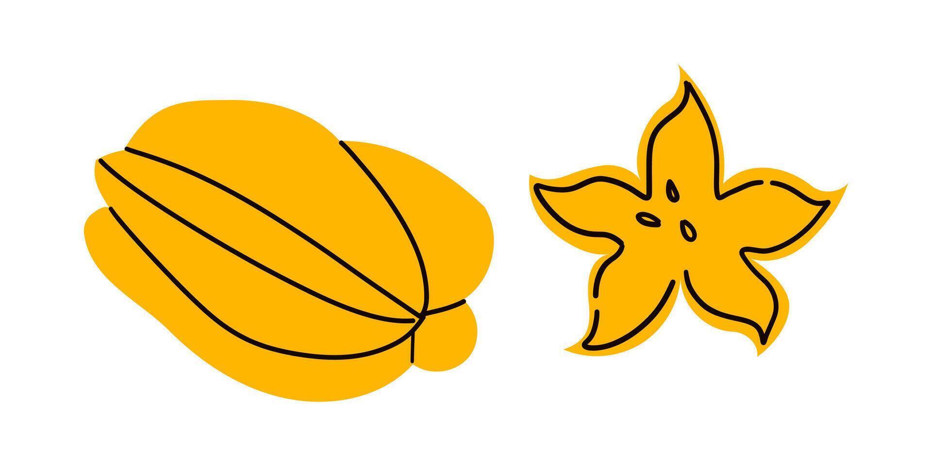 Carambola whole fruit and slice for package design. Yellow ripe starfruit icon isolated on white background. Organic food, healthy nutrition, vegetarian product. illustration. vector
