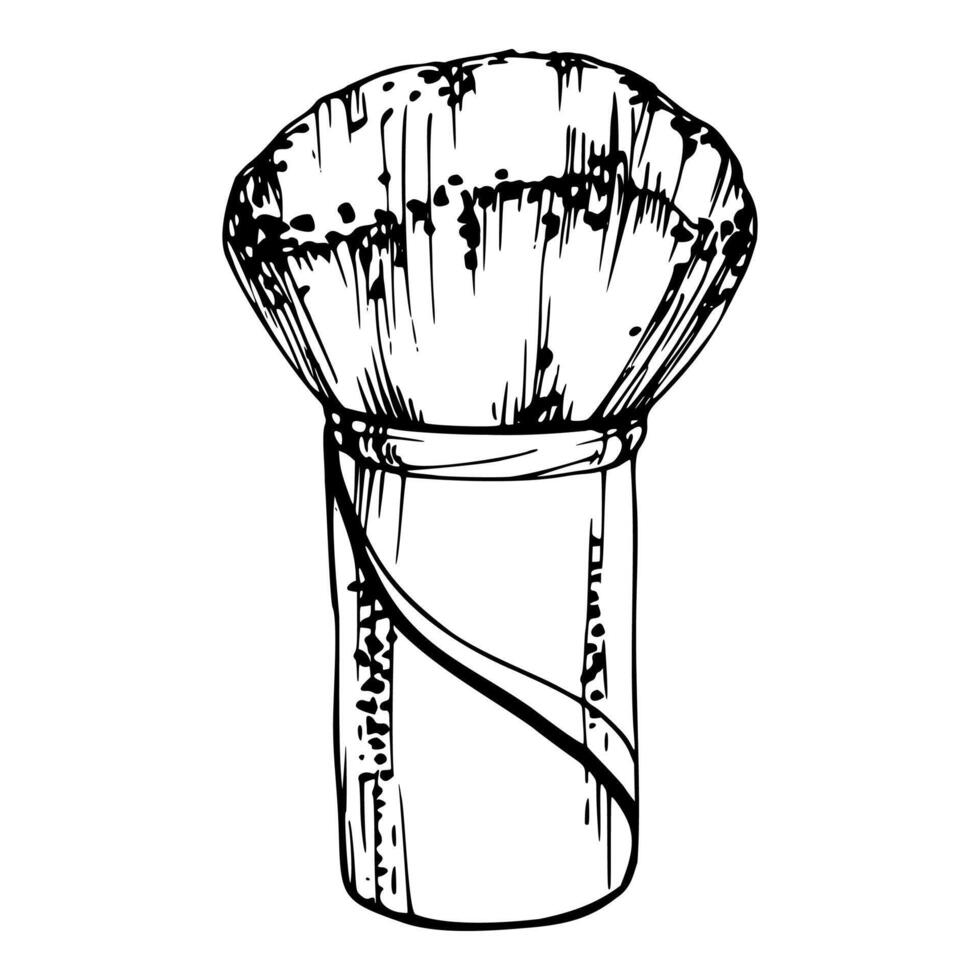 Make-up paint artistic supply bristle sponge brush applicator isolated object, detailed line sketch hand drawn in ink. Beauty parlor salon illustration, packaging, cosmetics shop, art studio vector