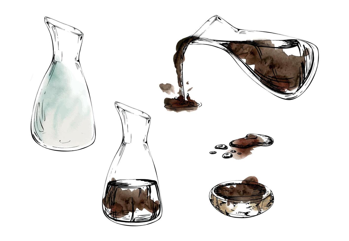 Transparent glass jar jug bottle empty, with soy teriyaki sauce coffee, ceramic bowl. Set of elements hand drawn in watercolor and ink for wedding, cards, spa, florist shop, cafe restaurant, commerce. vector