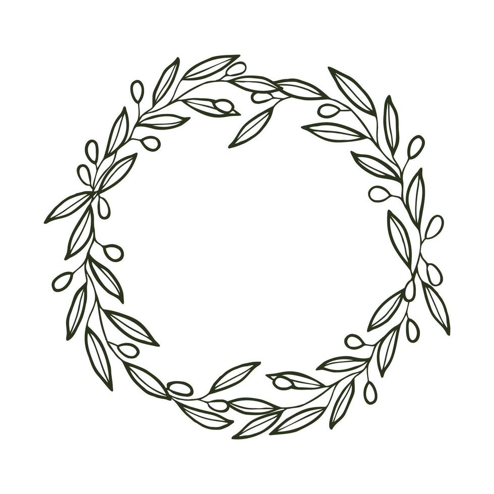 Circle black and white wreath frame of olive branches and berries. vector