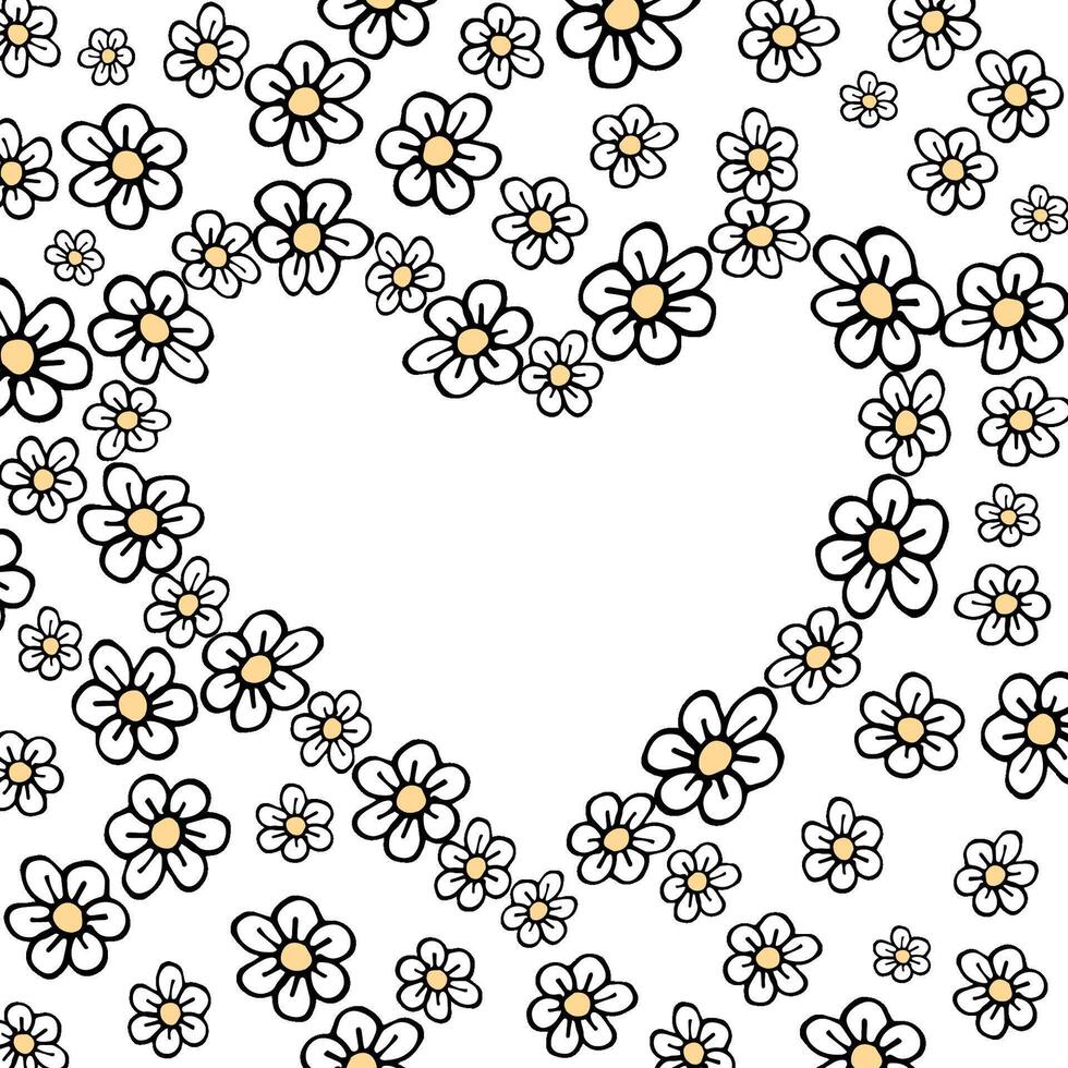 Doodle flower heart. s A delicate hand drawn daisies forming a floral frame. Ideal for creating a feminine and romantic aesthetic for invitations, cards, and more with this simple yet elegant daisy vector