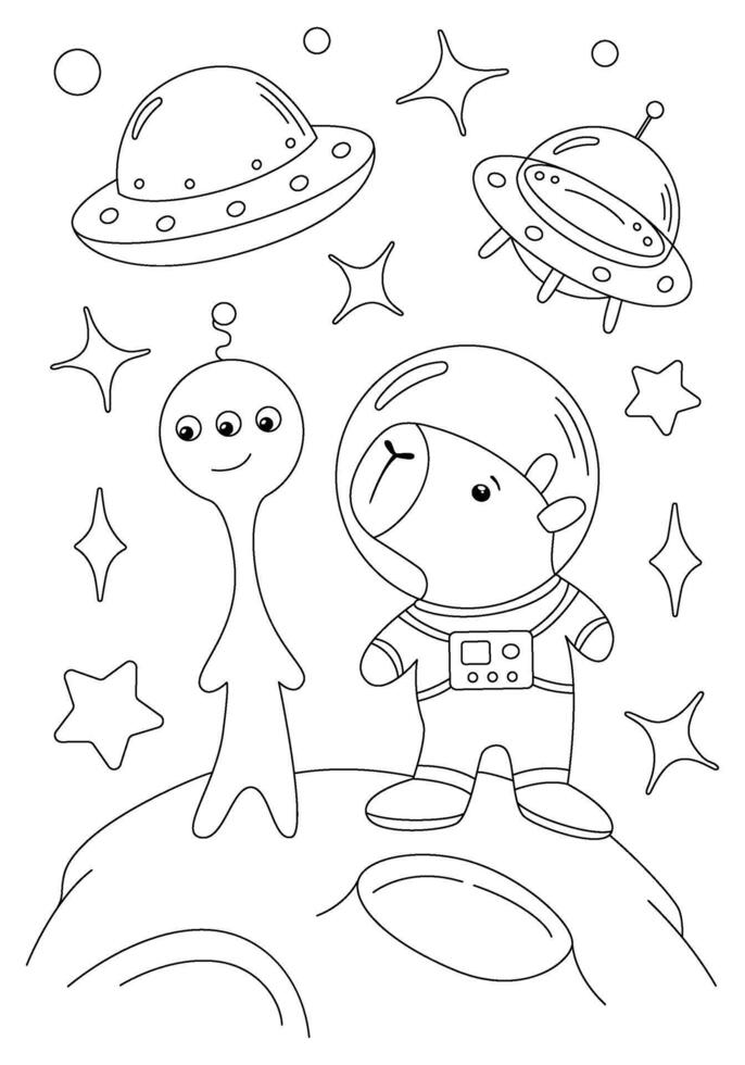 Coloring page with capybara astronaut, spaceship, moon and alien. template for children coloring book, print and poster. vector