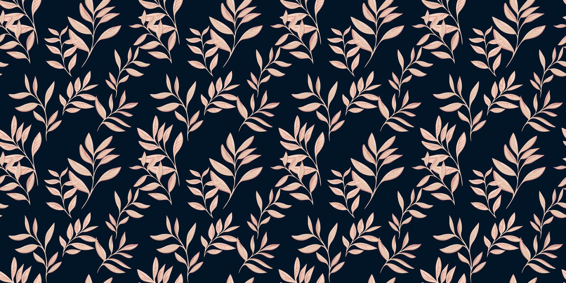Elegant seamless pattern with abstract artistic branches leaves on a black background. Stylized leaf stems print. drawing illustration. Nature ornament for textiles, fabric, wallpaper vector