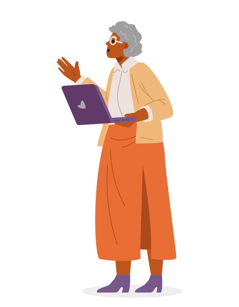Senior African American woman holding laptop flat illustration isolated on white. Inclusive office concept. vector