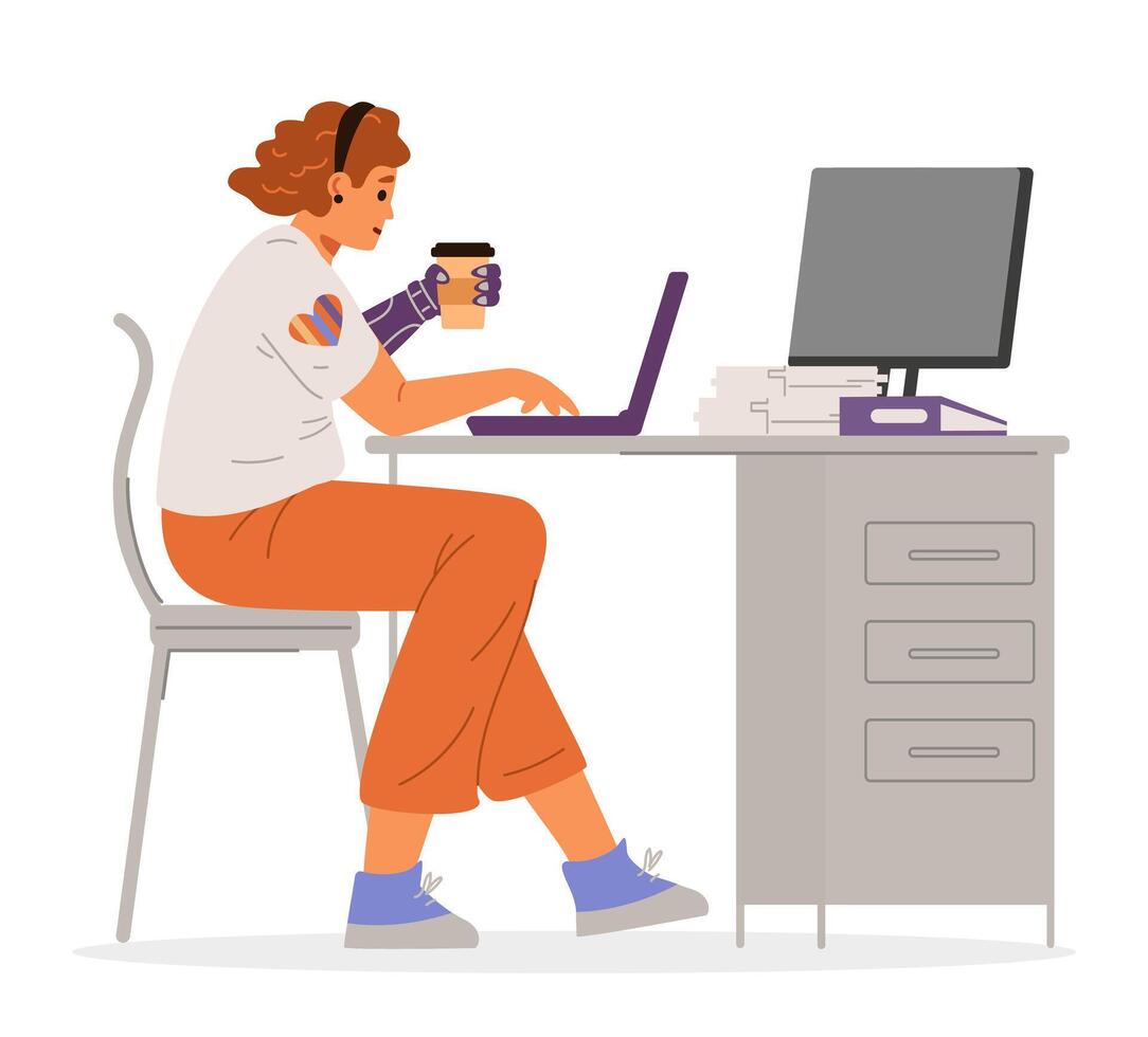 Woman with hand prosthesis working at laptop in the office flat illustration isolated on white. Inclusive workplace concept. vector