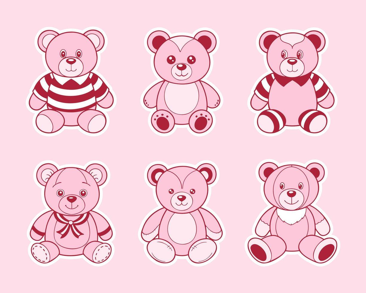 Set of cute teddy bears in different poses. Collection of pink plush toys. Illustration vector