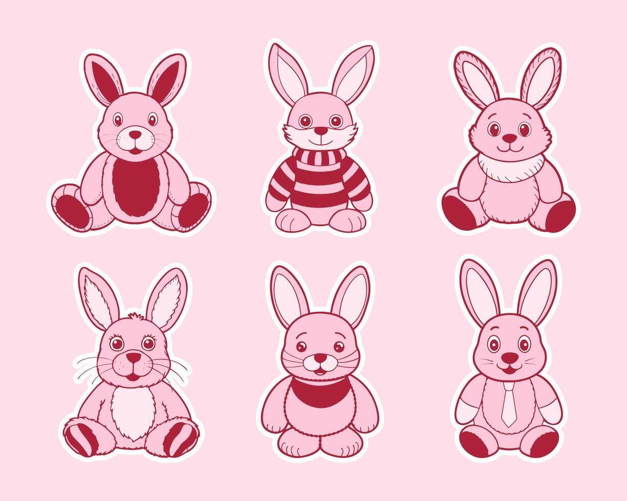 Set of cute plush bunnies in different poses. Collection of pink plush toys. Illustration vector