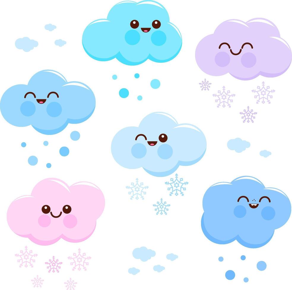 Cute cloud characters snowing. Winter season snow cartoon clouds with snowflakes in the sky. Illustration set. vector