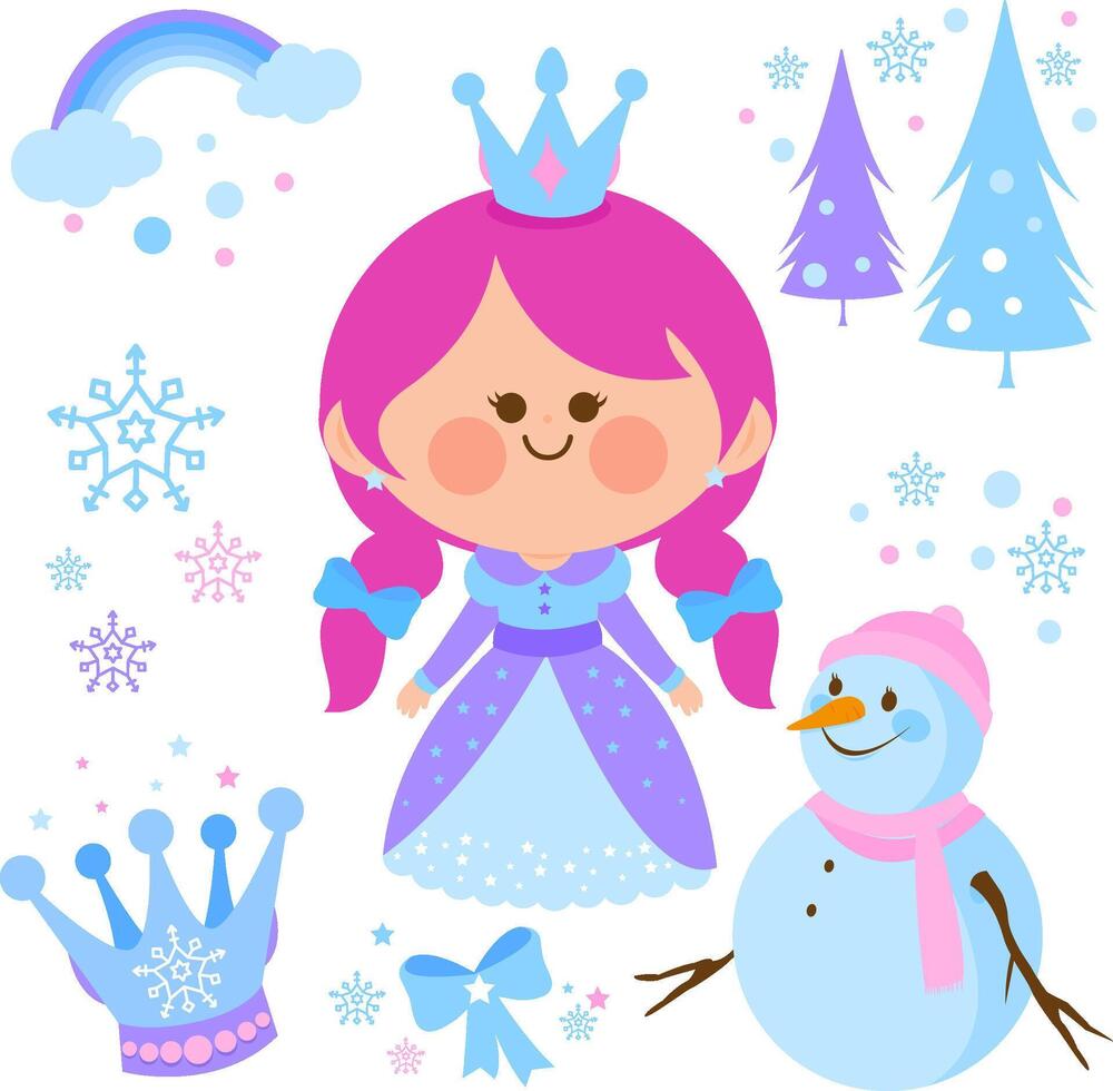 Beautiful snow princess and snowman. Winter season fairy tale with cute girl in the ice. Illustration collection. vector