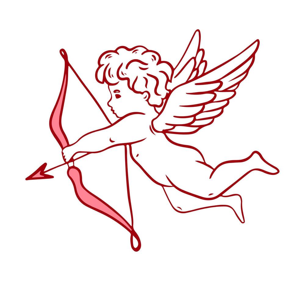 Retro angel baby cupid. Isolated vintage cute cherub drawing, retro little angel with wings. doodle line art tattoo style for poster, placard or wedding invitation design. vector