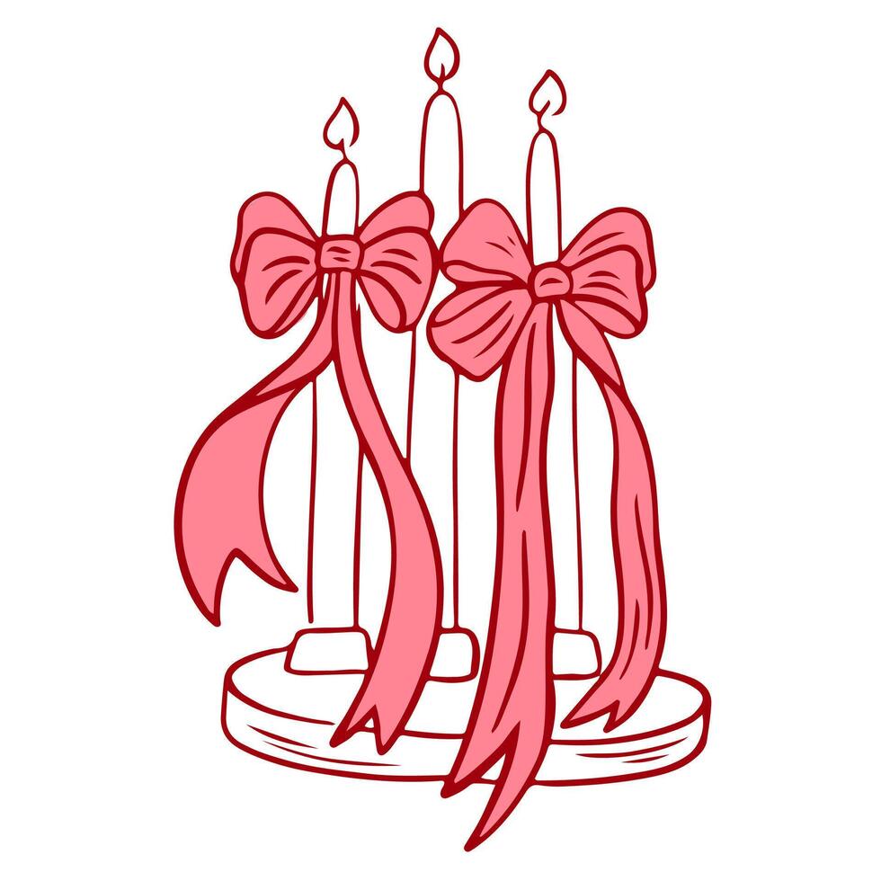 Vintage candle with ribbons and bows. Coquette core symbols for Valentine day and wedding invitations. Hand drawn element in simple crayon and sketch style. Doodle illustration vector