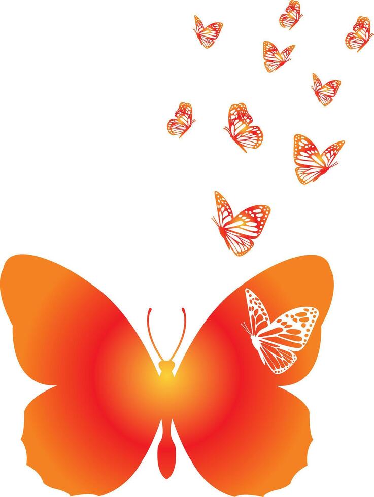 Beautiful red orange butterfly illustration with tiny butterflies flying from its wings ideal for posters, greeting cards, decor, branding and nature themed projects. illustration vector