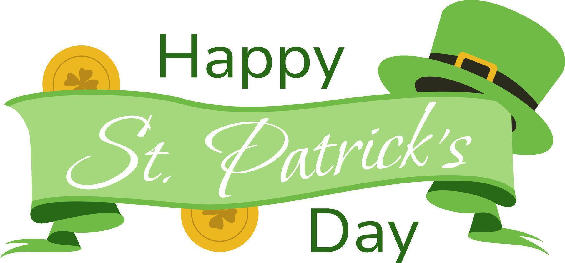 St Patricks Day festive banner illustration featuring a green ribbon, leprechaun hat, and lucky gold coins. Celebration design with Irish symbols, perfect for greeting cards. illustration vector