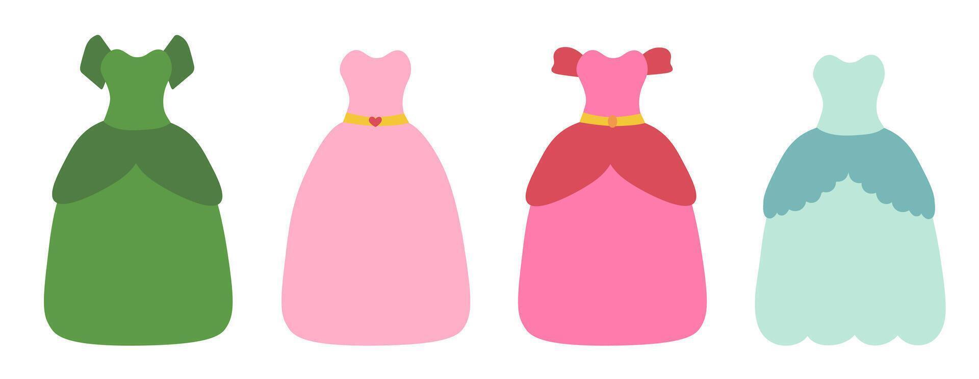 Set of beautiful fairy tale princess dresses on white background. Flat. vector