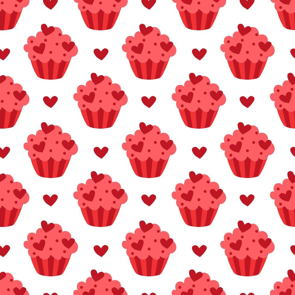 Seamless pattern with Red Valentine Day Cupcake with hearts. flat illustration. vector