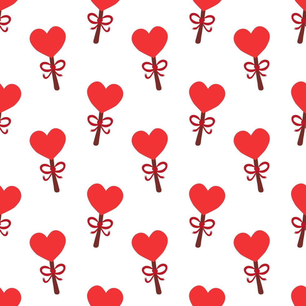 Seamless Pattern. Red lollipop in the shape of a heart with a ribbon. Dessert for valentine day. flat illustration. vector