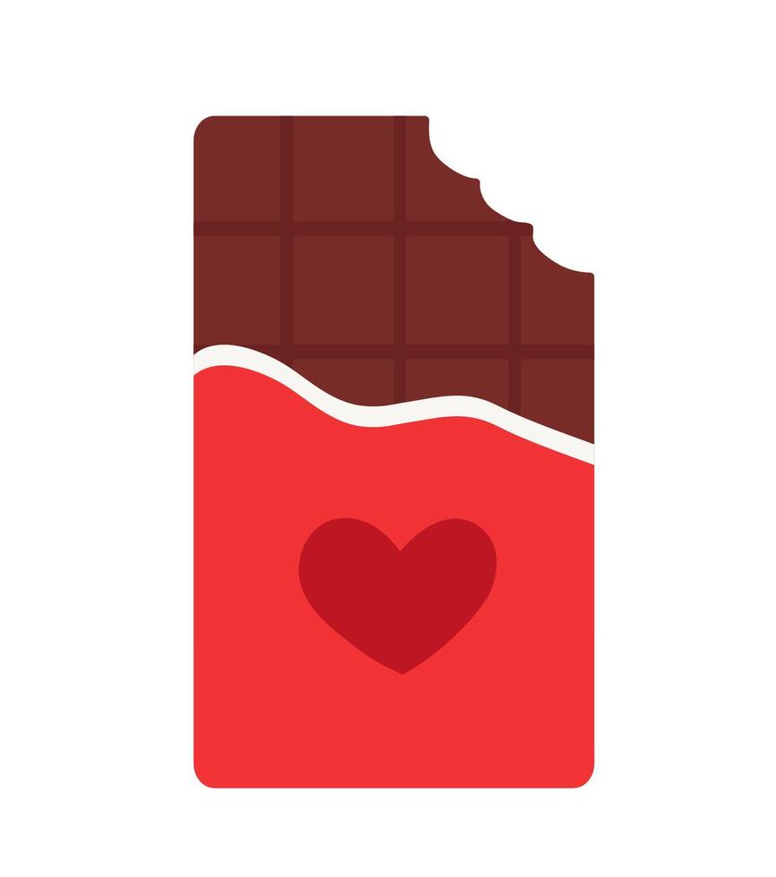 Red packaging bitten chocolate bar with heart. Sweet Valentine day. flat illustration. vector
