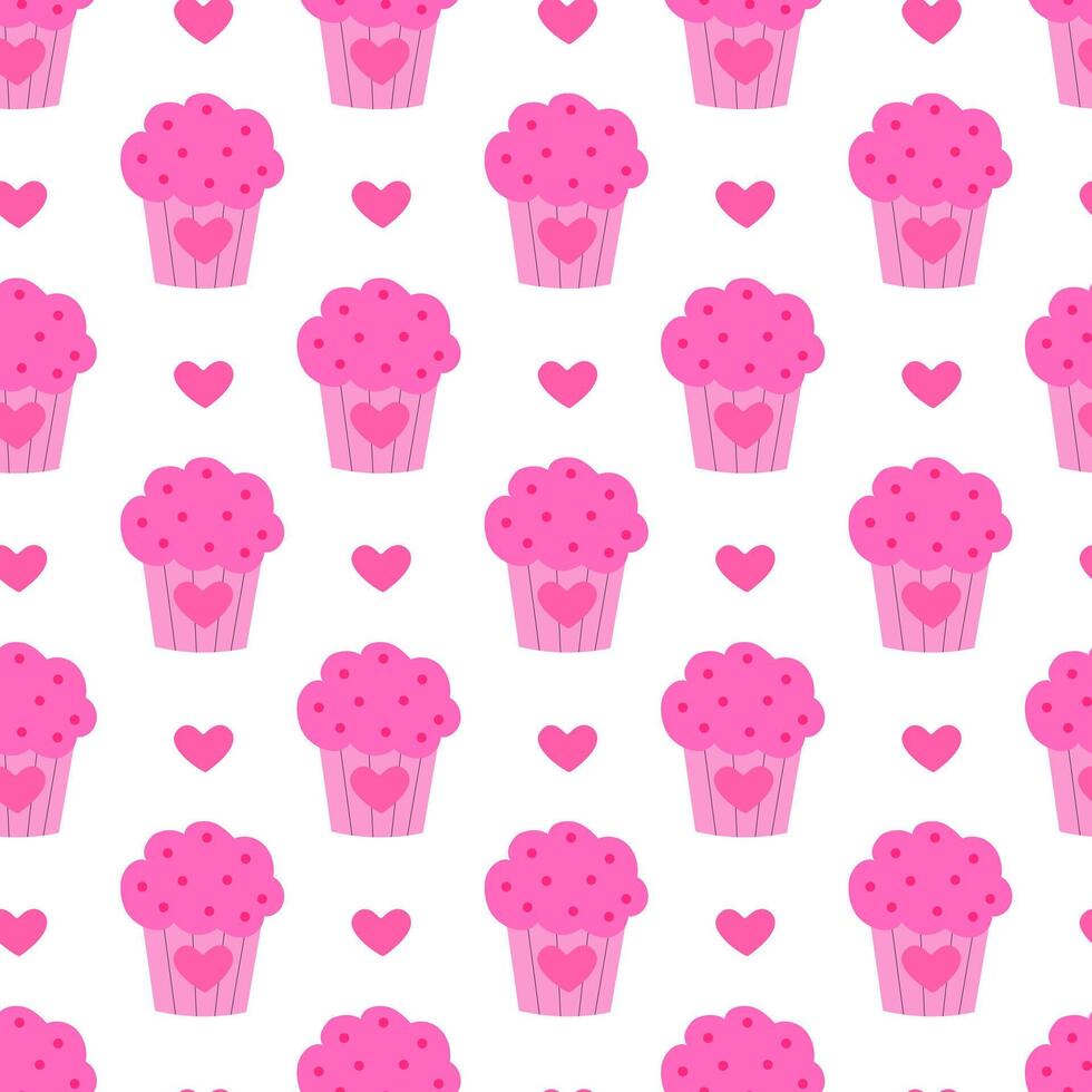 Seamless pattern with Pink Valentine Day Cupcake with hearts. . vector