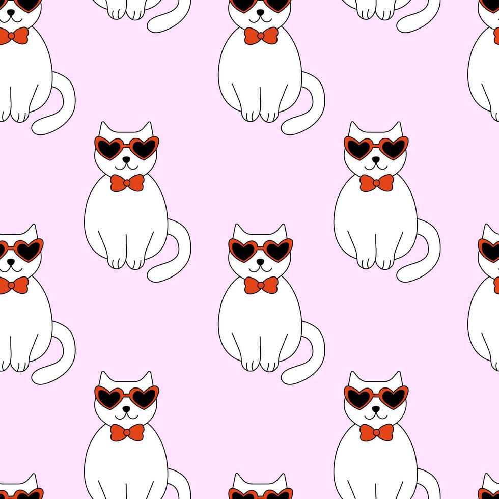Seamless Pattern. Valentine day Cat with sunglasses and tie bow. flat illustration. vector