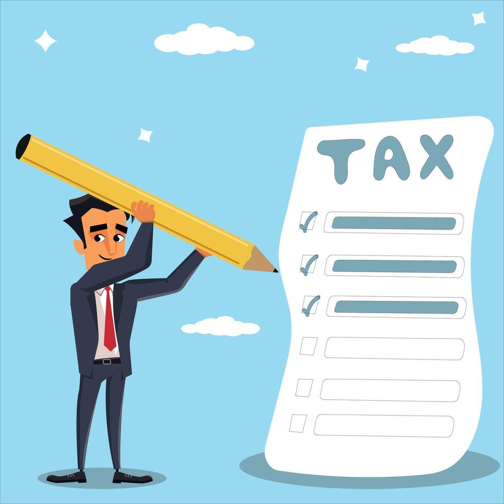 Businessman complete tax form, executive filing income tax self assessment file, accountant completing tax return during tax season, tax concept calculating amounts owed or due vector