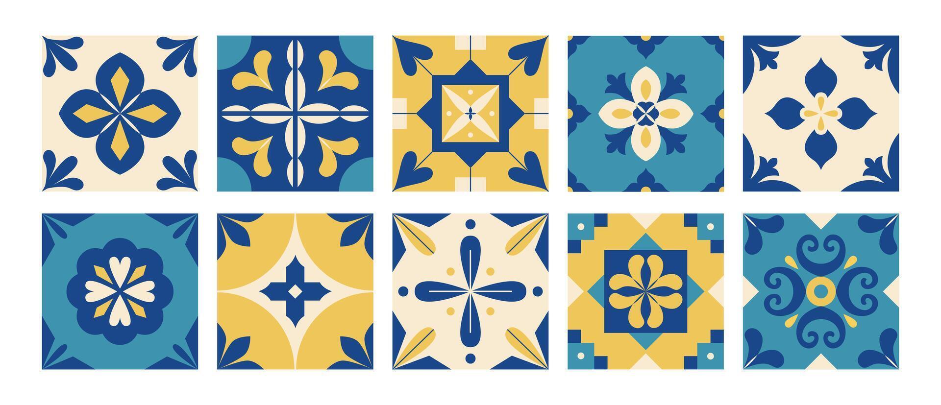 Mediterranean tile blue pattern. Azulejos. Floral geometric arabesque. Italian, Portuguese, Spanish, Greek tiles background in traditional style. Wall and floor interior design. Mosaic. . vector
