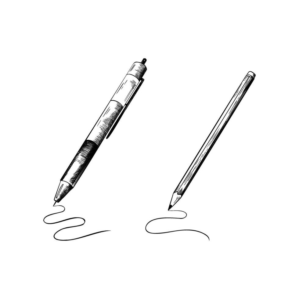 set of pen and crayon draws a line. Hand drawn illustration in engraving style. monochrome Sketch School or Education Themed Drawing. Back to school clipart. Stationery supplies. vector