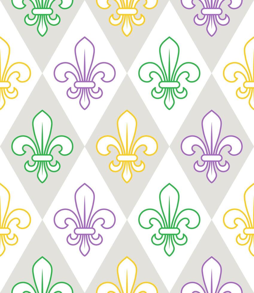 Geometric Mardi Gras pattern with outline icons of Fleur de lis symbol on white background. Diagonal classic diamond shaped rhombus grid. Harlequin ornament. vector