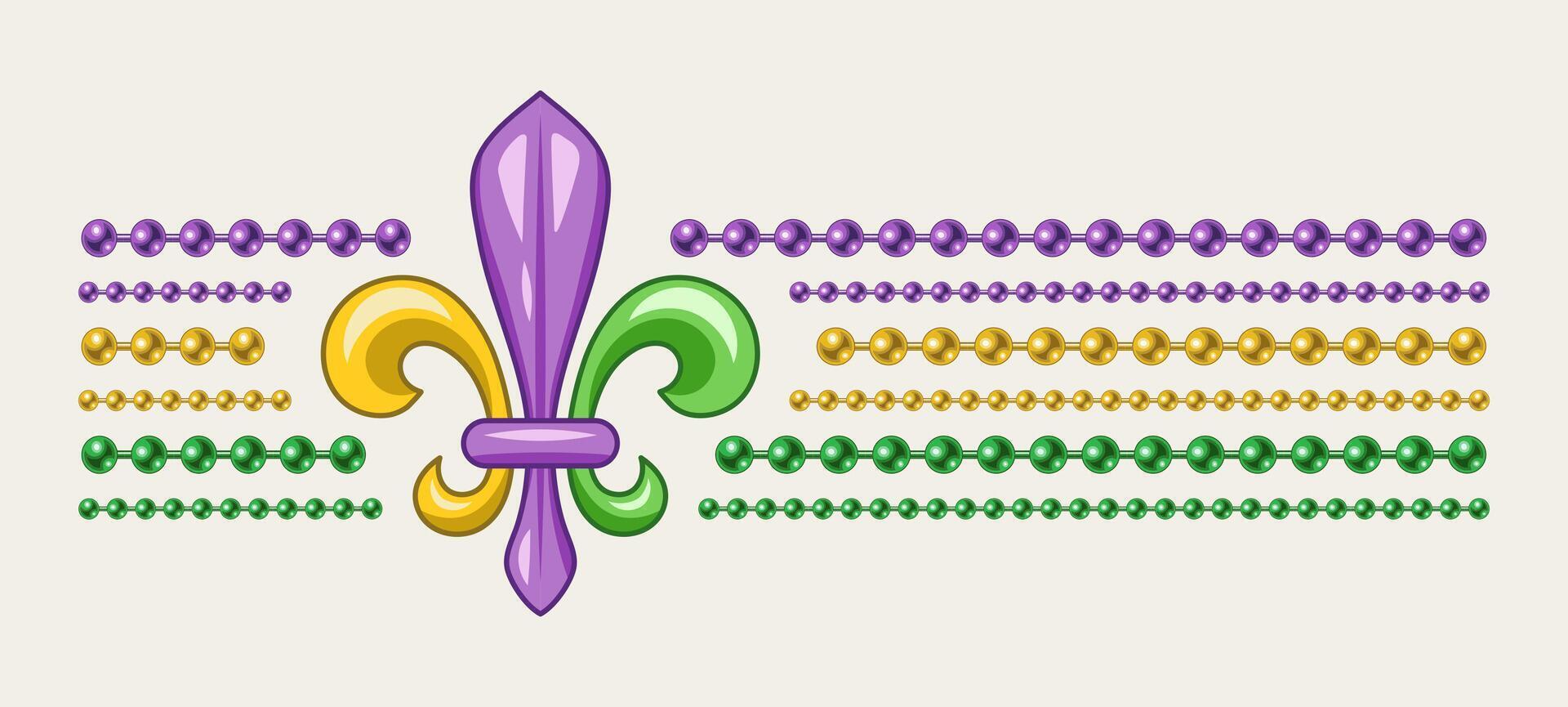 Horizontal striped Mardi Gras label with fleur de lis symbol, string of beads. For prints, clothing, t shirt, surface design. Vintage style vector