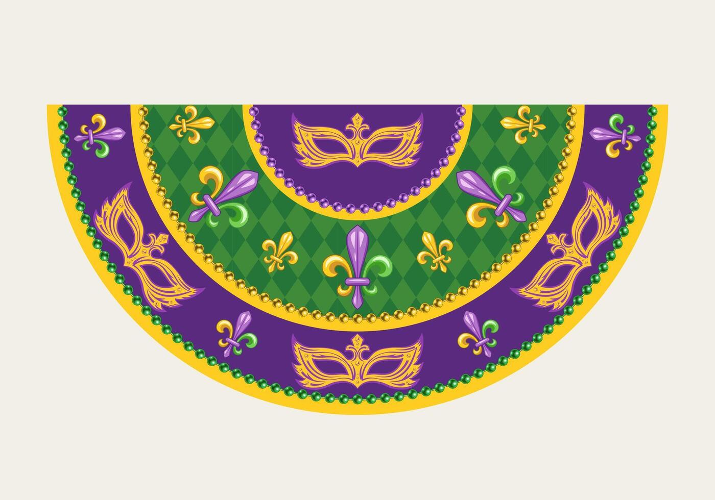 Semicircle Mardi Gras Flag for holiday celebration, decoration. Half circle bunting with Fleur de Lis symbol masks, harlequin ornament, beads. Vintage style vector