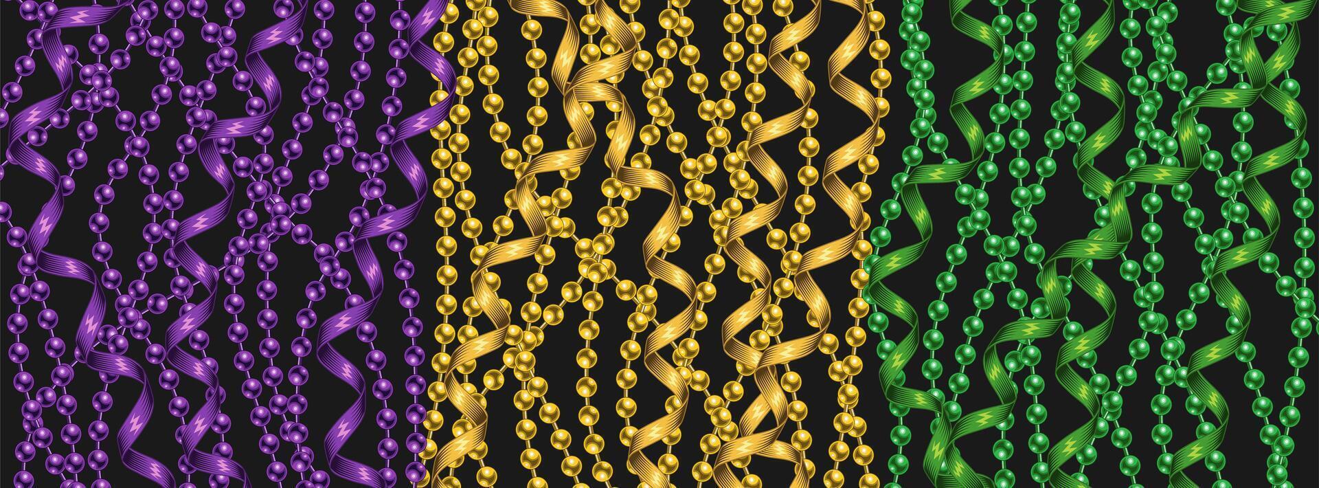 Horizontal Mardi Gras carnival banner with vertical hanging strings of beads, streamer ribbons. Backdrop, photo booth design for festival, carnival, party, holiday events vector