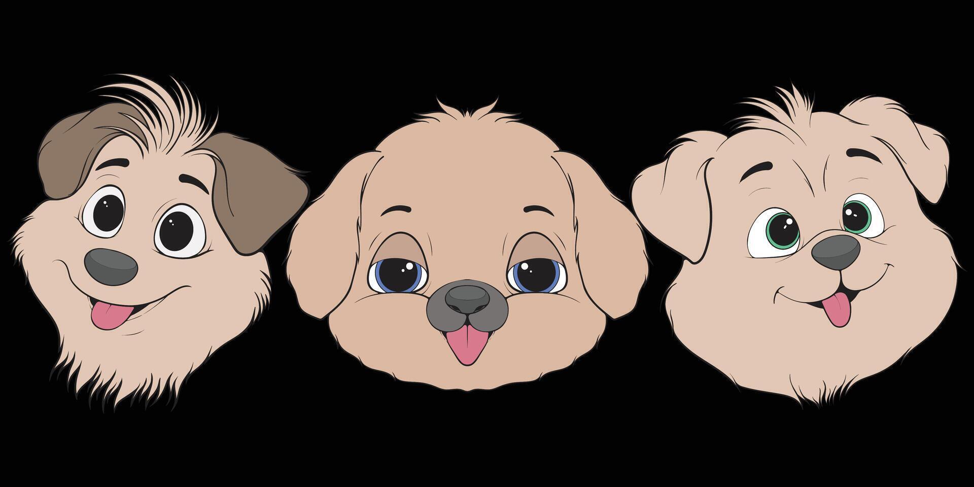 Bundling set Head Dog Character Illustration, Coloring Book Page with Dog, Isolated Head Dog with Black Background. vector