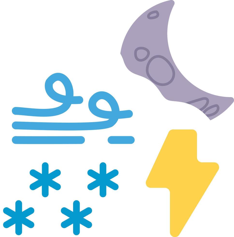 A cartoon of a moon, a lightning bolt, and a snowflake vector