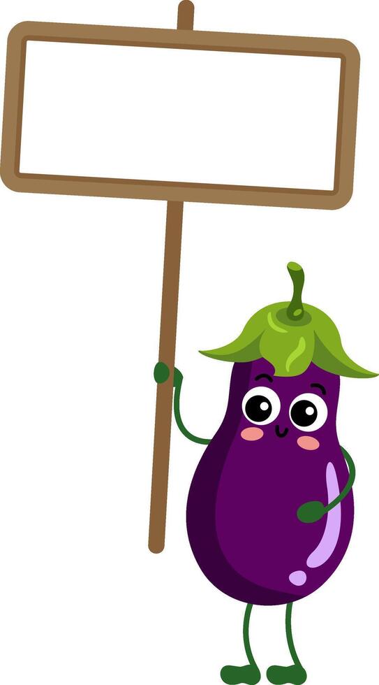 Funny eggplant holding a blank signboard vector