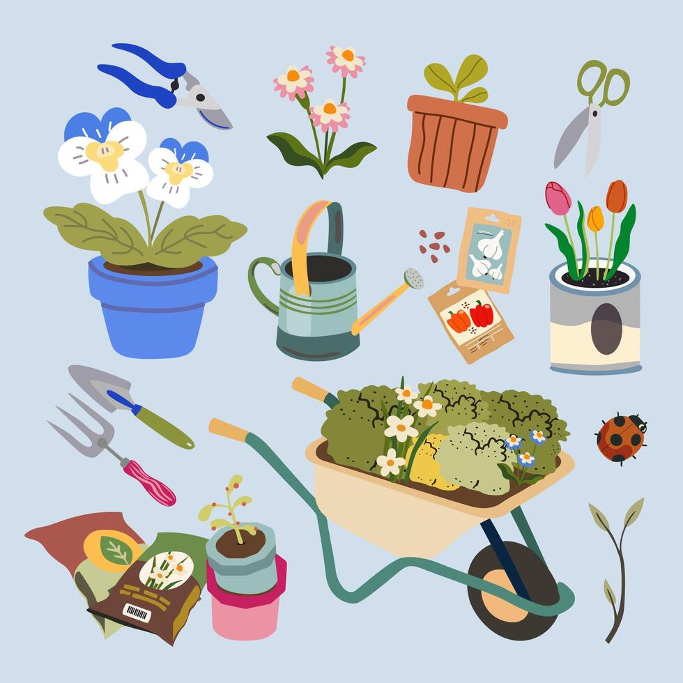Gardening tools and flowers set in flat style. Springtime stickers for poster and greeting cards vector