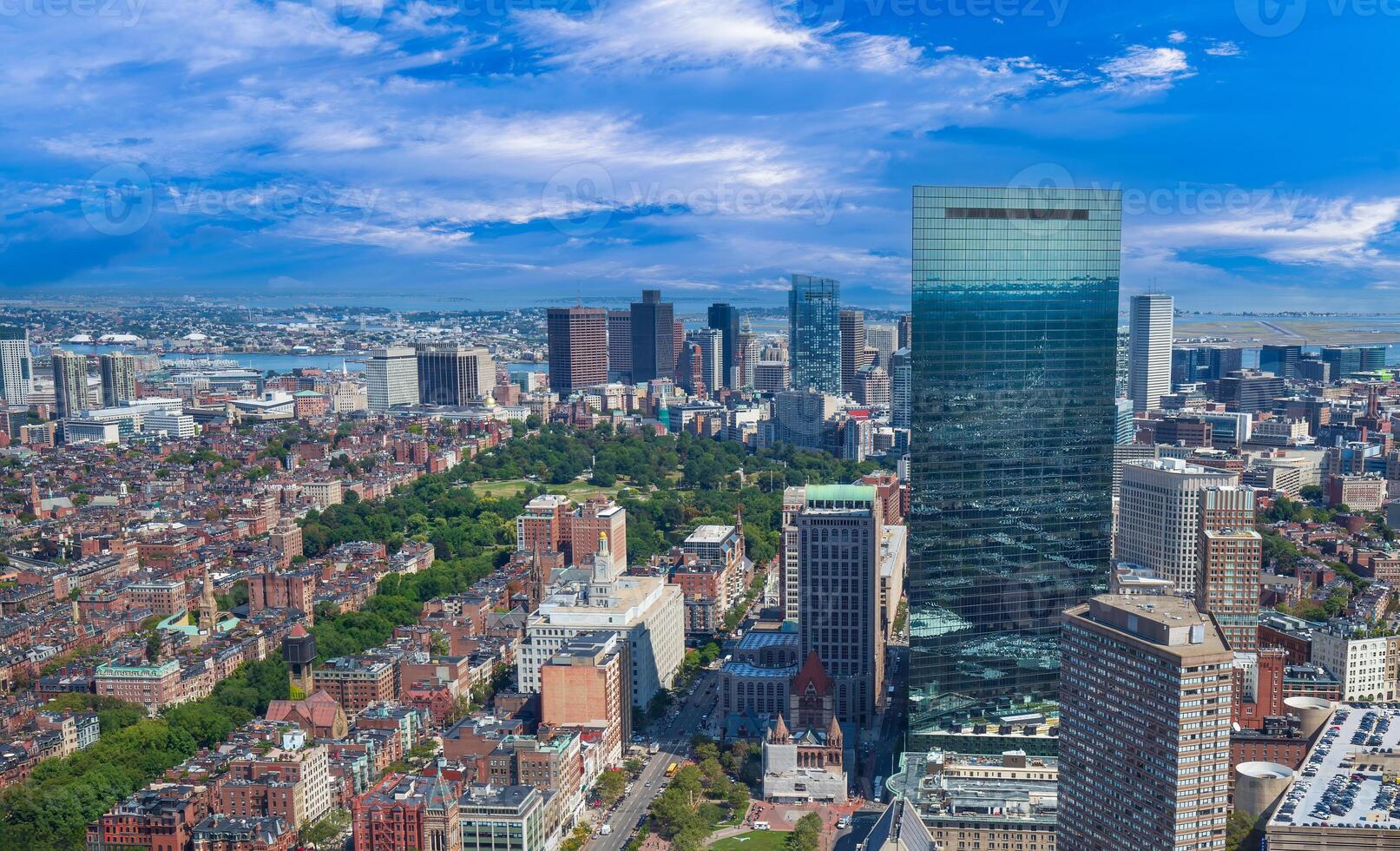 Panoramic aerial view of Boston financial district, historic center, Beacon Hill and Charles River. photo